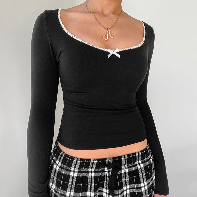 Bodycon Long Sleeve Top with Lace-Trimmed U-Neck and Bow Detail