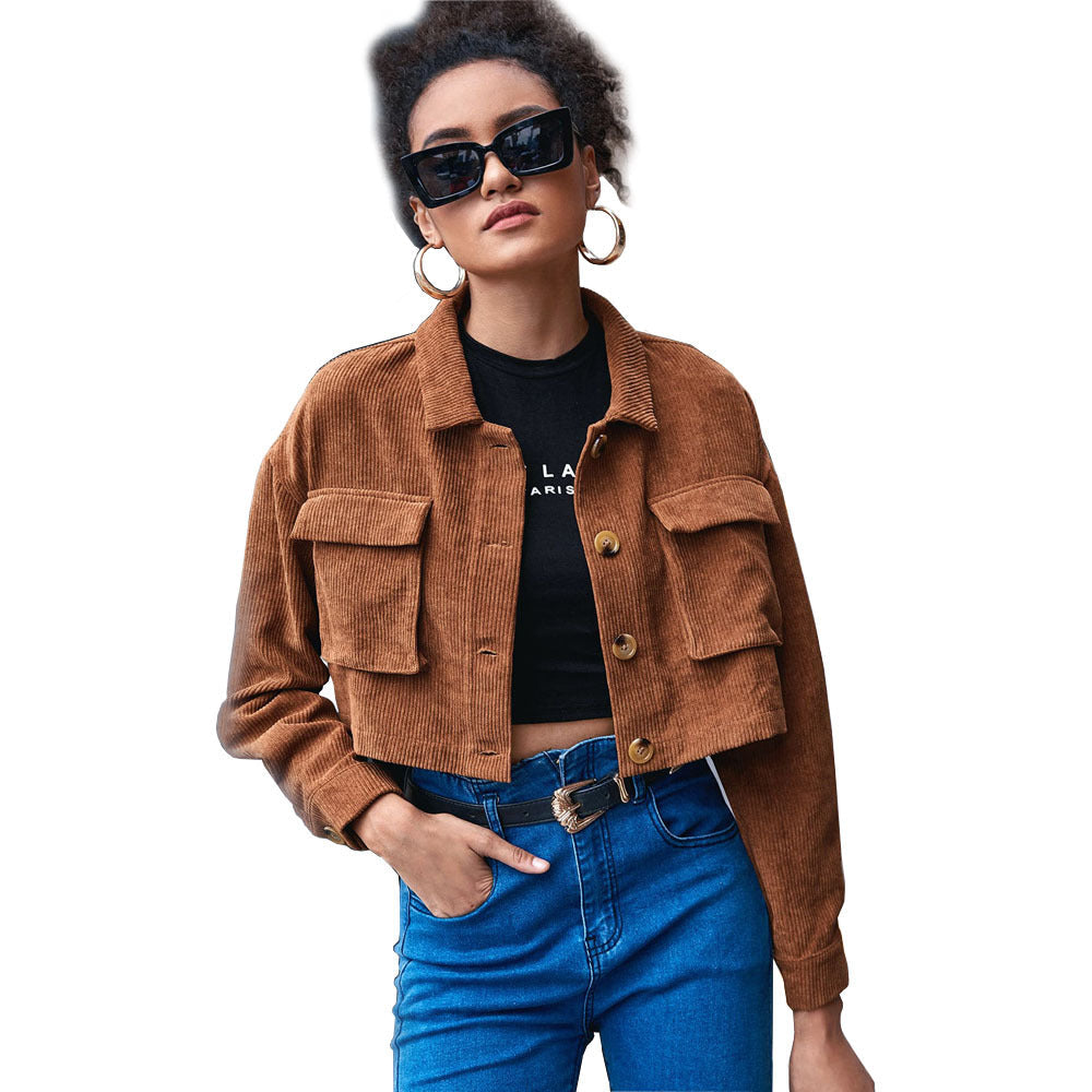 Cropped Corduroy Jacket with Lapel and Flap Pockets