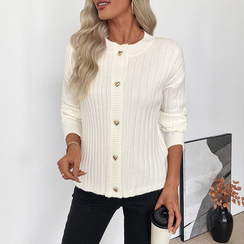 Loose Ribbed Knit Cardigan with Metal Heart Buttons