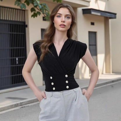 Solid Wrap Top with V-Neck and Buttoned Waist