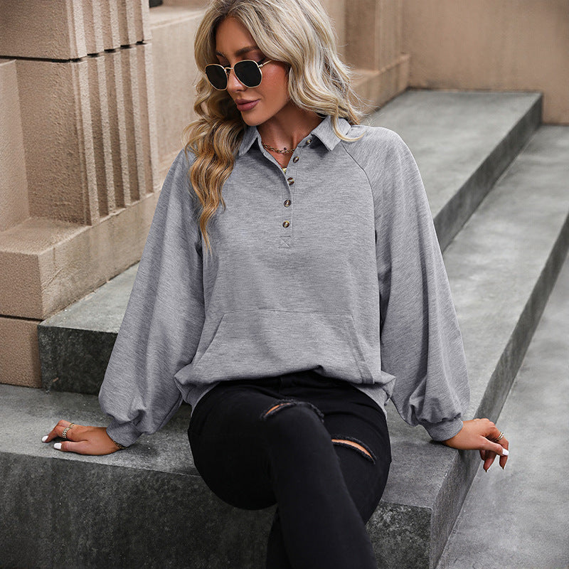 Solid Henley Sweatshirt with Lapel Collar and Lantern Sleeves