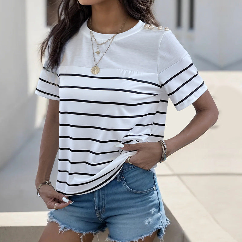 Loose Striped T-Shirt with Shoulder Buttons