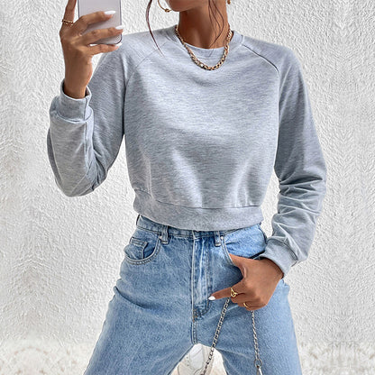 Solid Crewneck Cropped Sweatshirt with Raglan Sleeves