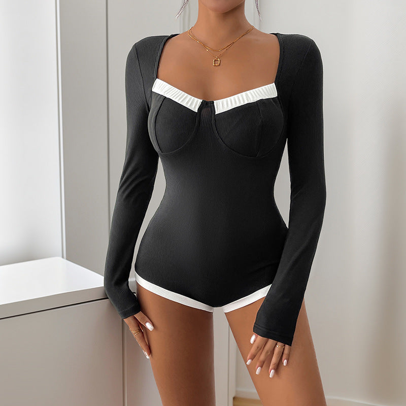 Ribbed Bodycon Bodysuit with Square Neck and Contrast Trim