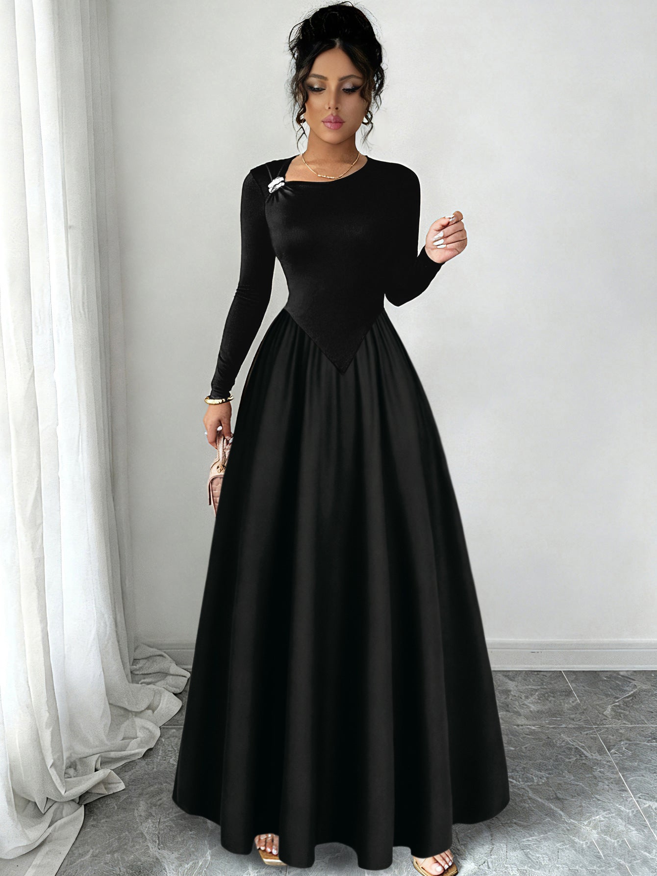 A-Line Maxi Dress with Long Sleeves and Pointed Waistline