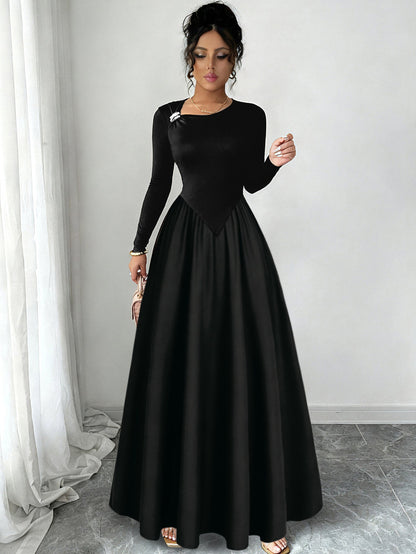 A-Line Maxi Dress with Long Sleeves and Pointed Waistline