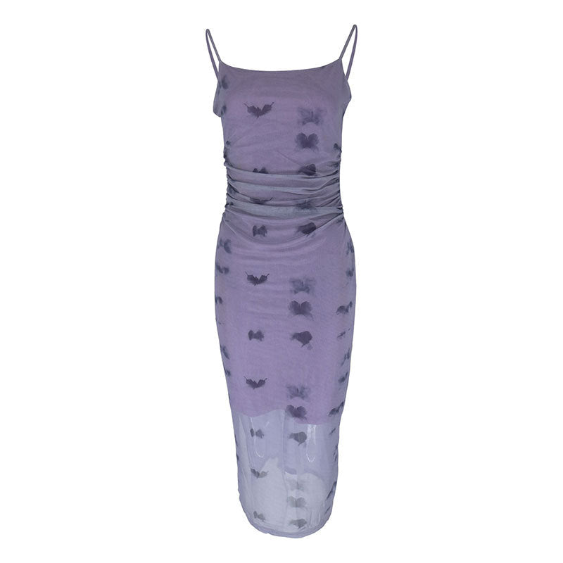 Butterfly Print Ruched Maxi Dress with Spaghetti Straps