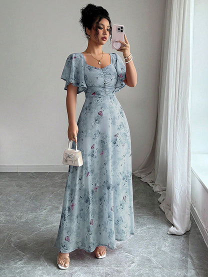 Floral Print Maxi Dress with Flutter Sleeves and Ruched Bust