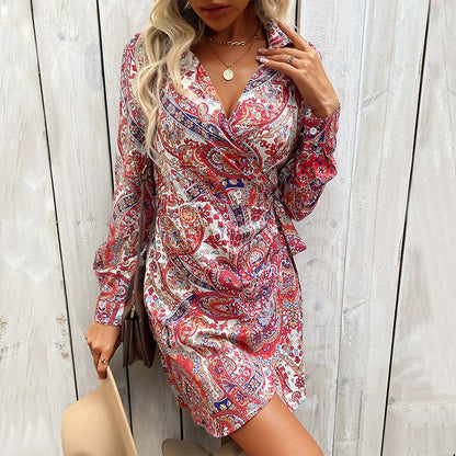 Paisley Print Wrap Dress with Long Sleeves