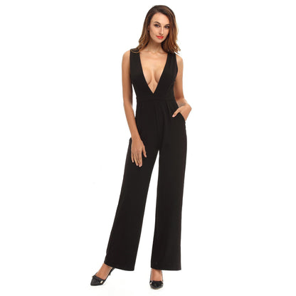 Sleeveless Wide-Leg Jumpsuit with Deep V-Neck