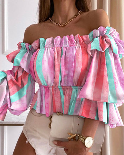 Printed Off-Shoulder Blouse with Ruffled Sleeves and Gathered Hem