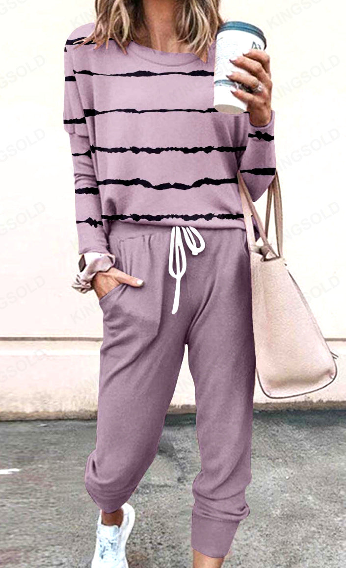 Spliced Long Sleeve Loungewear Set with Jogger Pants