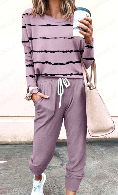 Spliced Long Sleeve Loungewear Set with Jogger Pants