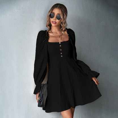 A-Line Knitted Mini Dress with Square Neck and Puff Sleeves