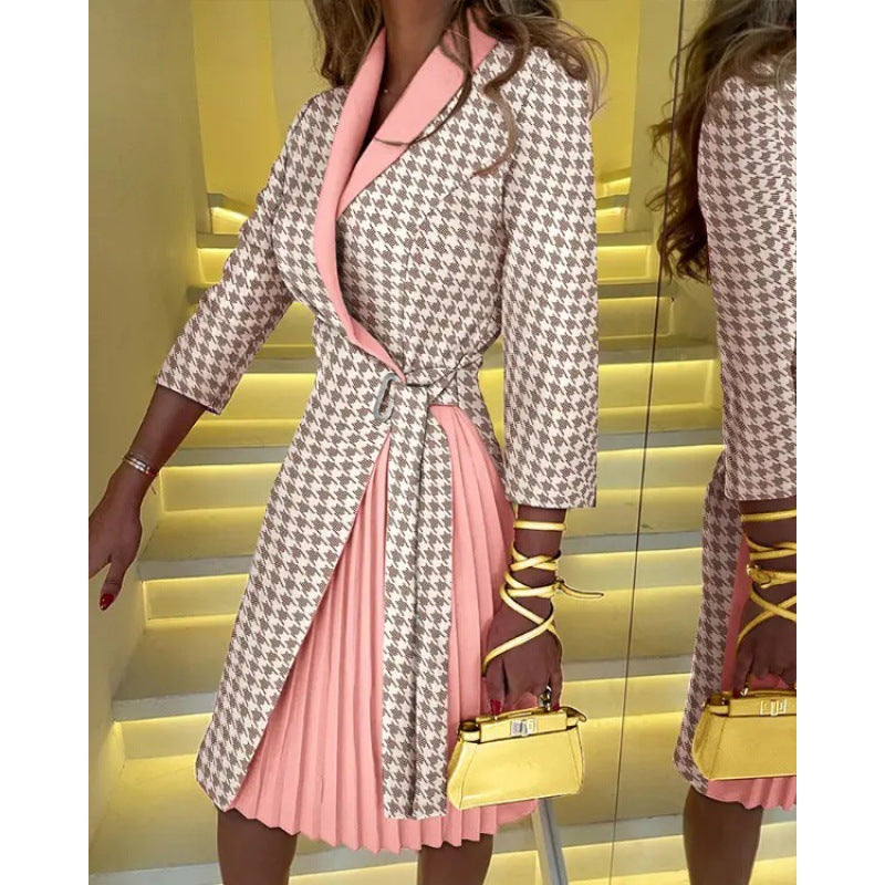 Mixed Pattern Wrap Blazer Dress with Pleated Skirt