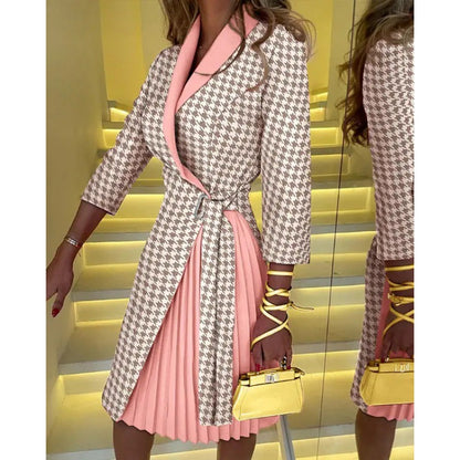 Mixed Pattern Wrap Blazer Dress with Pleated Skirt