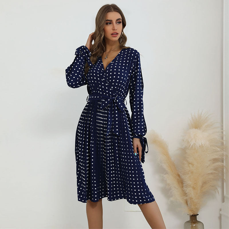 Navy Polka Dot A-Line Midi Dress with V-Neck and Tie Cuffs