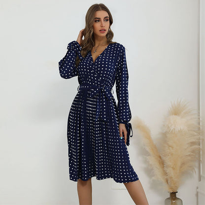 Navy Polka Dot A-Line Midi Dress with V-Neck and Tie Cuffs