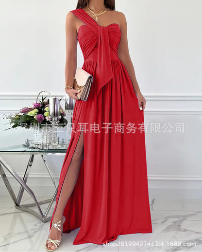 Solid Maxi Dress with One-Shoulder Knot Detail and Side Slit