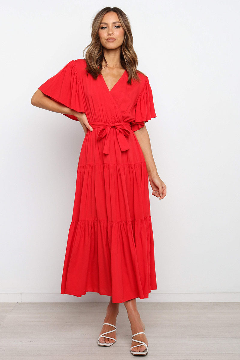 Tiered Maxi Dress with Wrap V-Neck and Flutter Sleeves