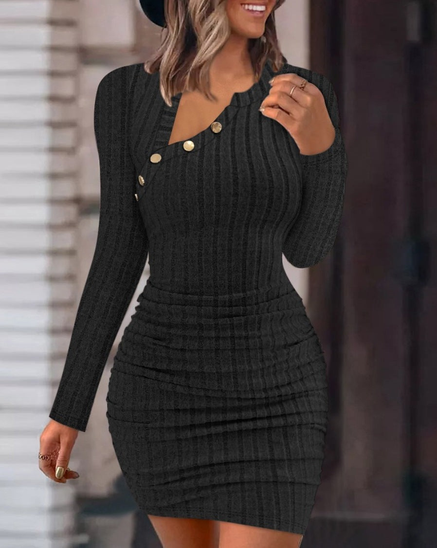 Bodycon Mini Dress with Oblique Collar and Buttons