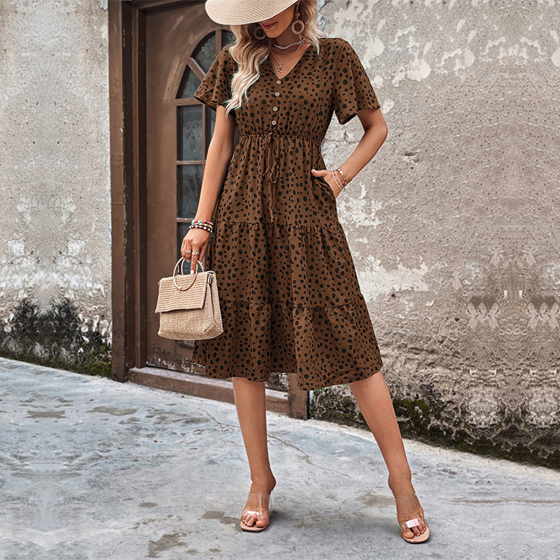 Tiered Leopard Print Midi Dress with V-Neck