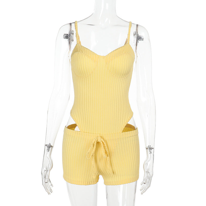Striped Jacquard Two-Piece Set with High-Cut Bodysuit and Shorts