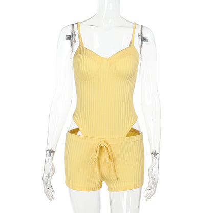 Striped Jacquard Two-Piece Set with High-Cut Bodysuit and Shorts