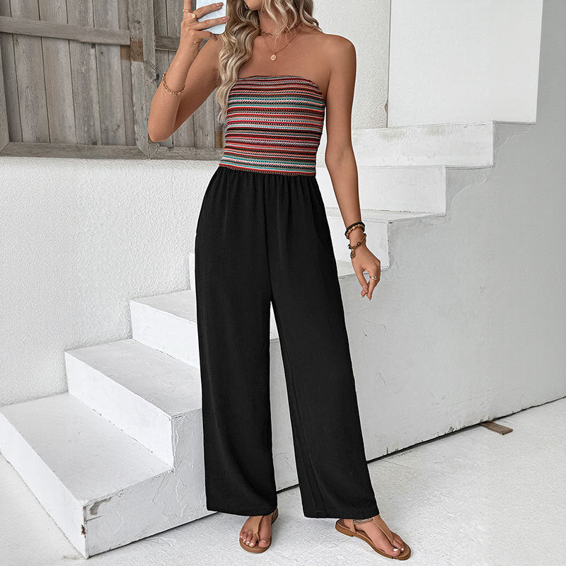 Patchwork Striped Bandeau Jumpsuit with Wide Legs
