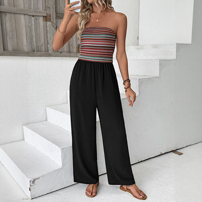 Patchwork Striped Bandeau Jumpsuit with Wide Legs