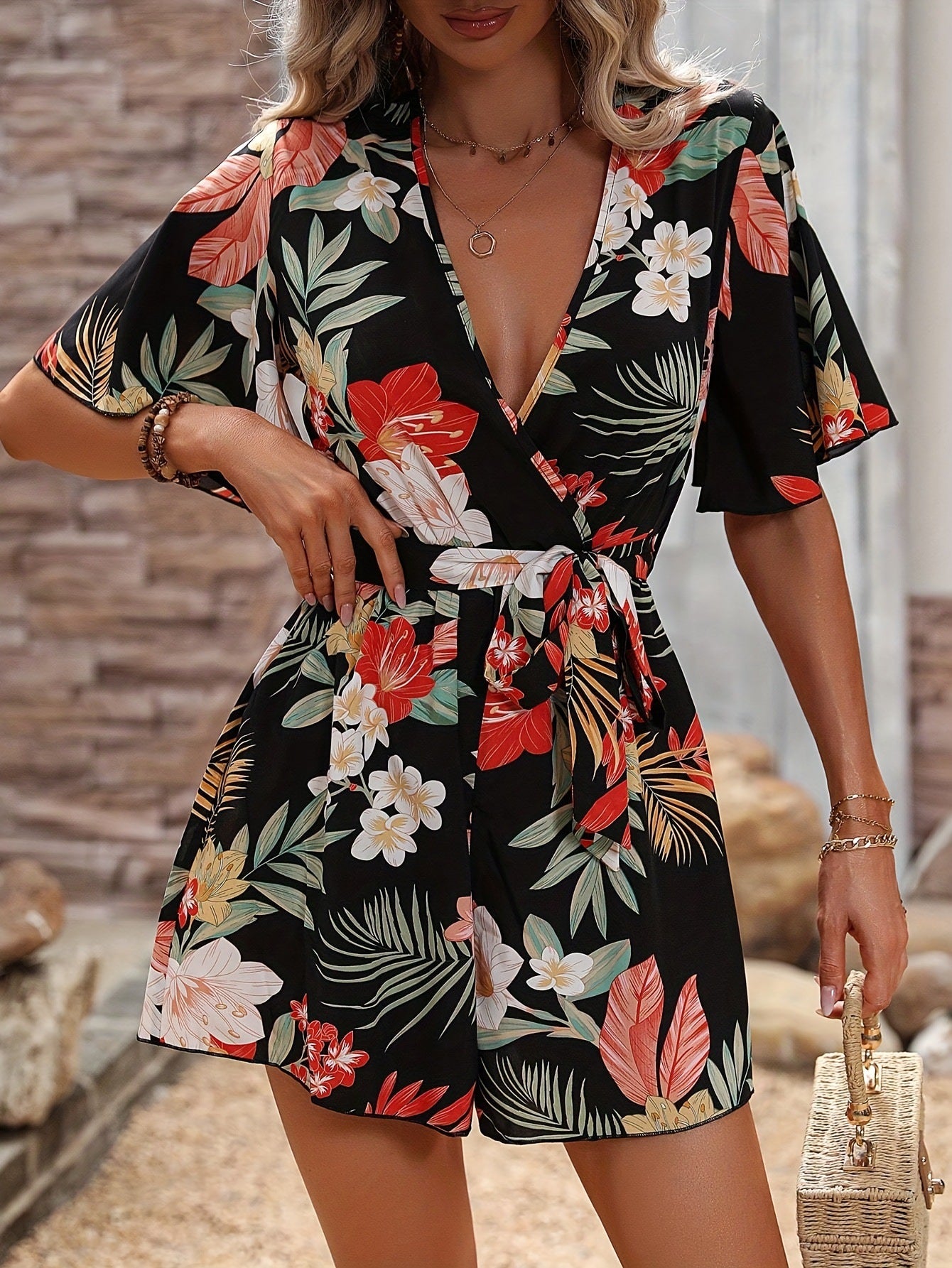 Floral Print Playsuit with V-Neck Wrap and Tie-Waist