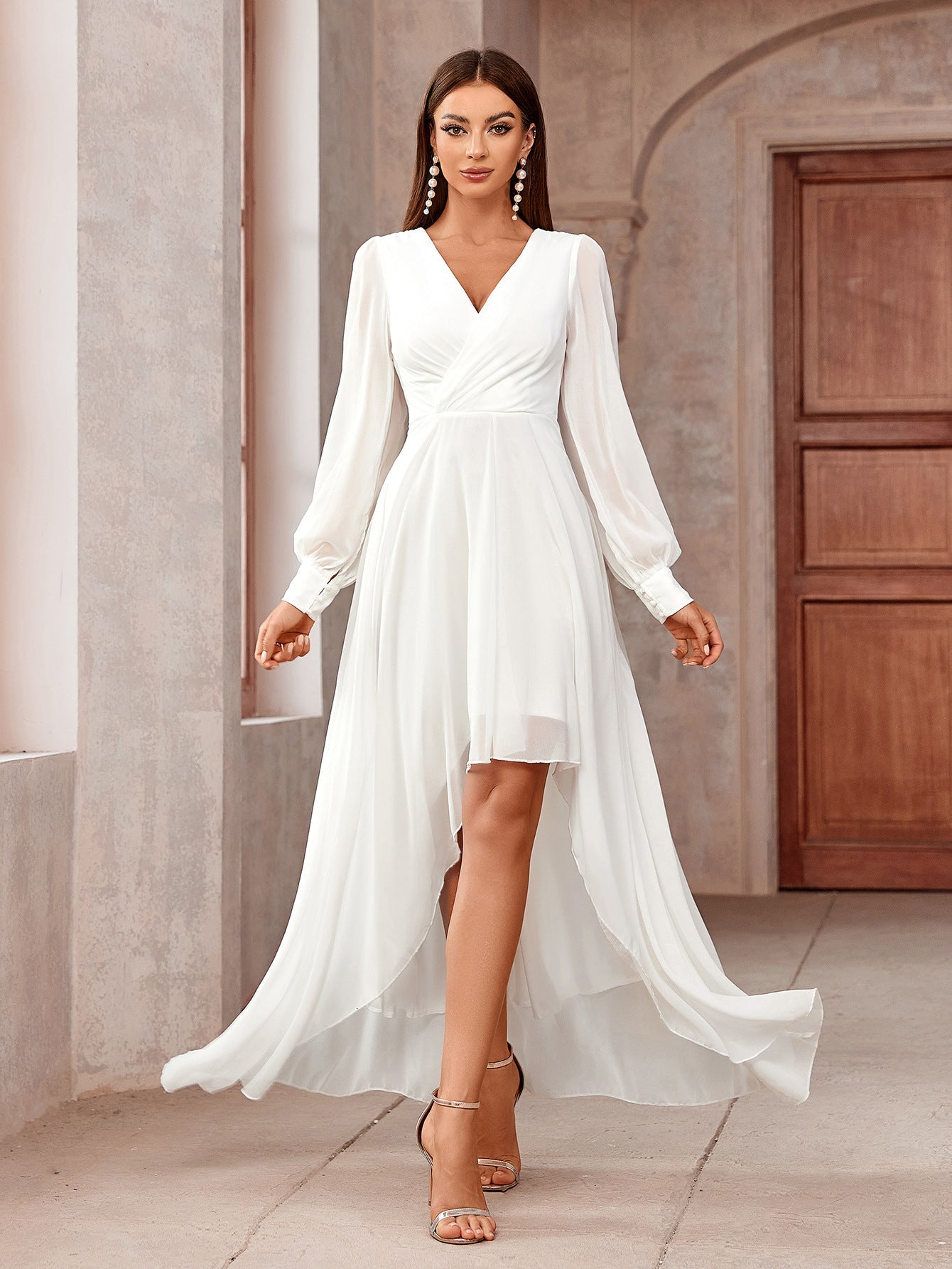 Solid Color High-Low Maxi Dress with V-Neck