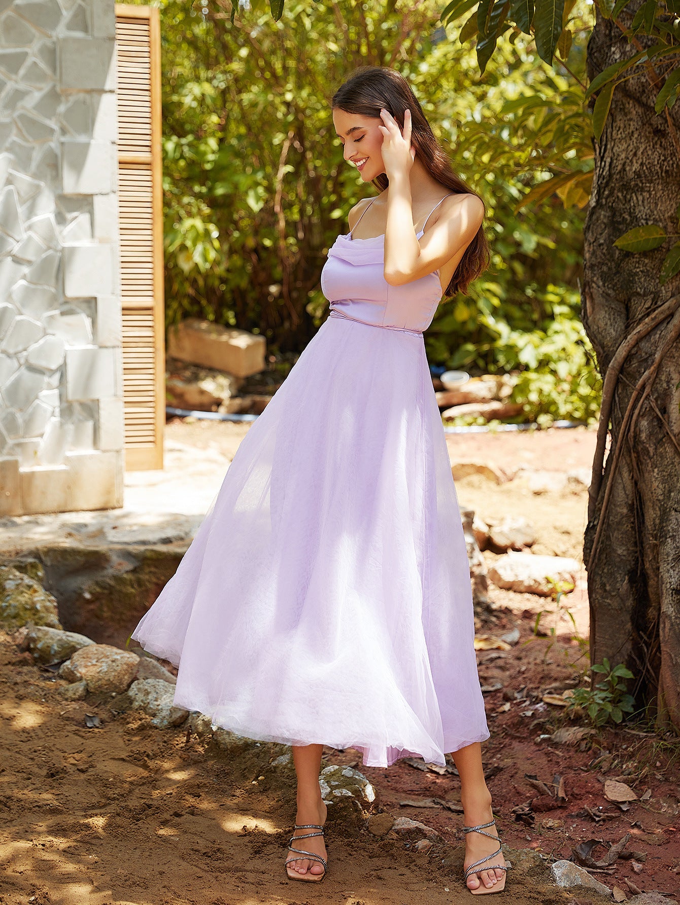 A-Line Midi Dress with Spaghetti Straps and Gauze Overlay