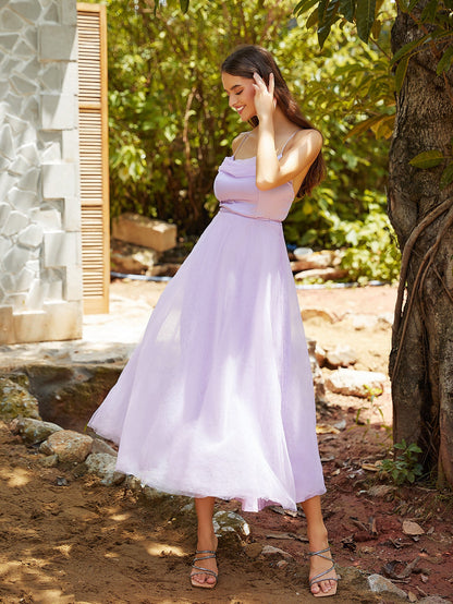 A-Line Midi Dress with Spaghetti Straps and Gauze Overlay
