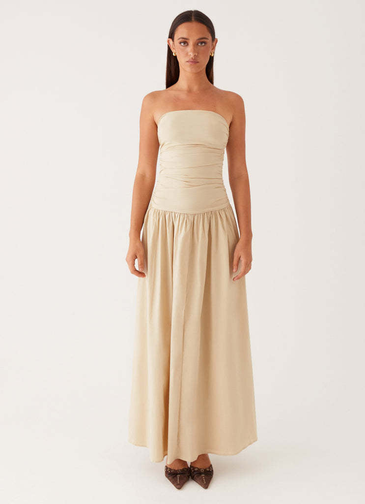 Strapless Ruched Maxi Dress with Dropped Waist