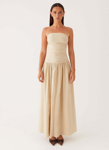 Strapless Ruched Maxi Dress with Dropped Waist