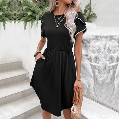 Solid Black Dress with Lace-Trimmed Petal Sleeves and Irregular Hem