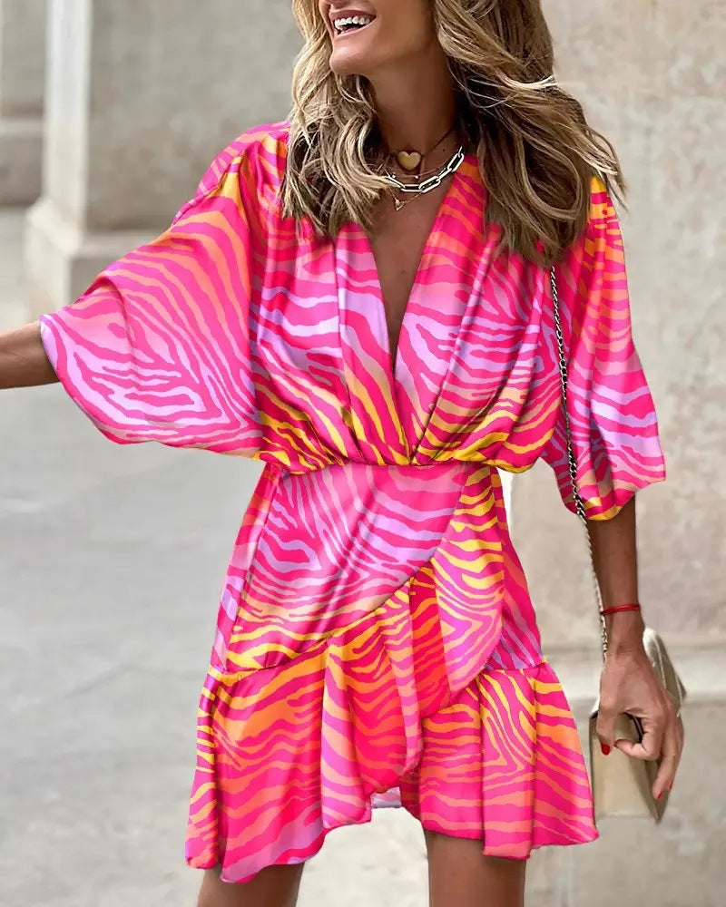 Printed Wrap Mini Dress with V-Neck and Bat Sleeves