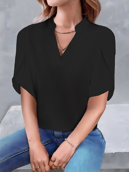 Solid Color V-Neck Blouse with Petal Sleeves