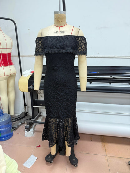 Lace Bodycon Dress with Off-Shoulder and Mermaid Hem