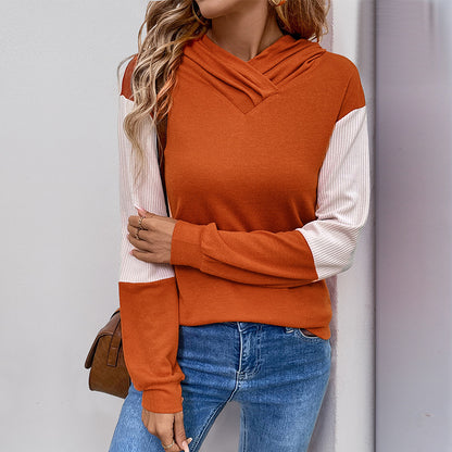 Color-Block Hoodie with Ribbed Sleeves and V-Neck