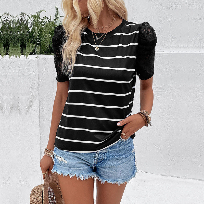 Striped Round Neck T-Shirt with Lace Puff Sleeves