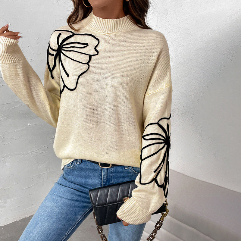 Abstract Floral Outline Pullover Sweater with Half-Turtleneck