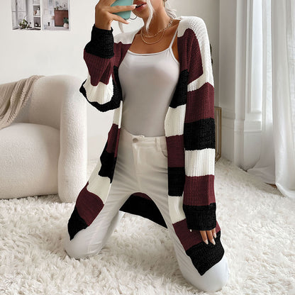 Striped Open Front Cardigan with Long Length