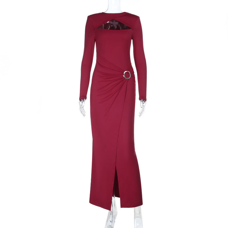 Long-Sleeve Bodycon Maxi Dress with Cutout and Ruched Ring Detail