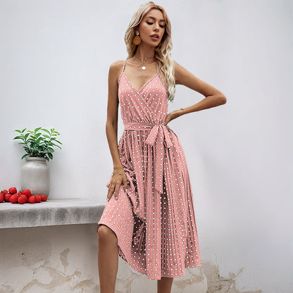 Polka Dot Pleated Midi Dress with Spaghetti Straps and Tie-Waist
