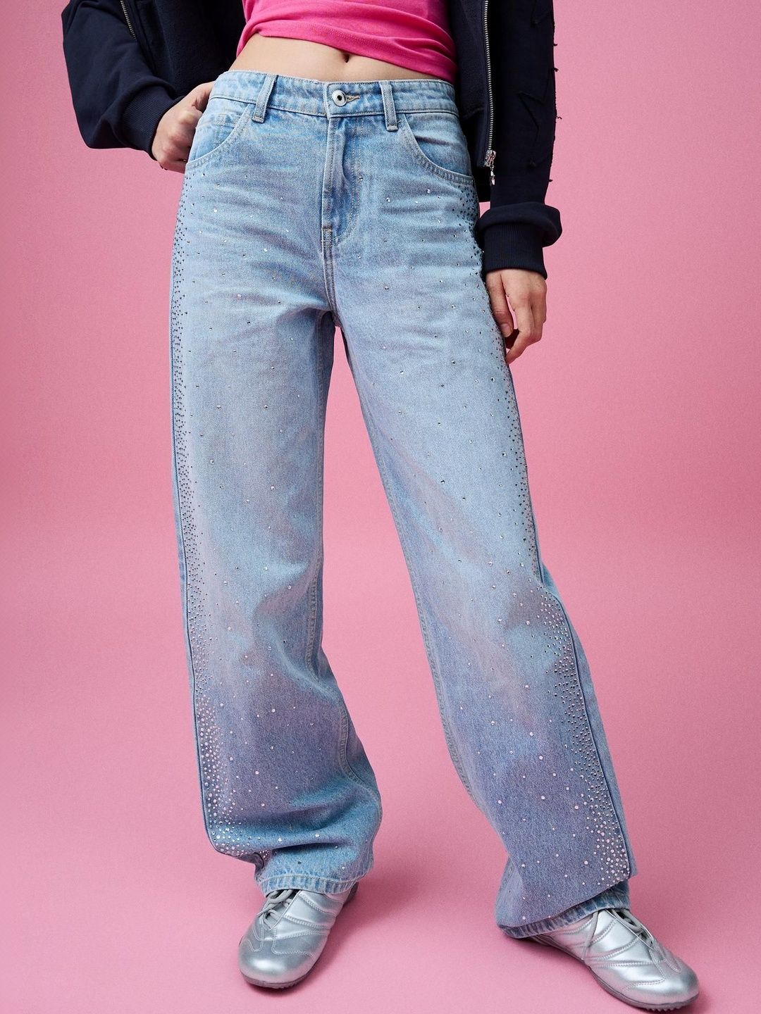 High-Waist Shimmery Straight Wide-Leg Jeans