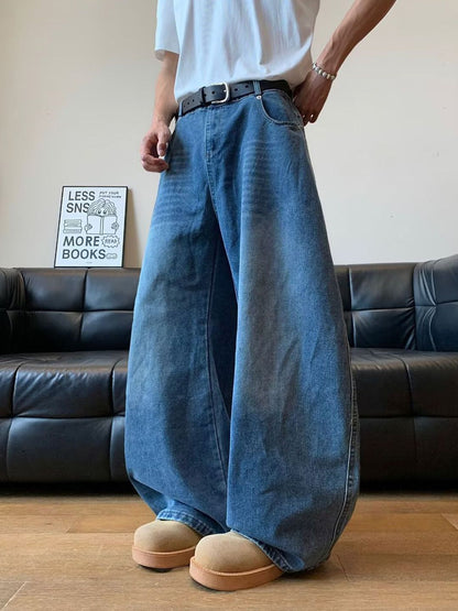Men Wide Leg Mid-Rise Heavy Fade Cotton Jeans