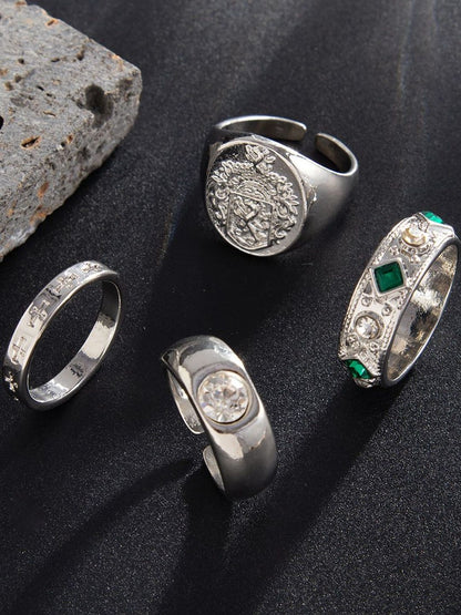 Men Set Of 4 Silver-Plated Stone-Studded Finger Ring