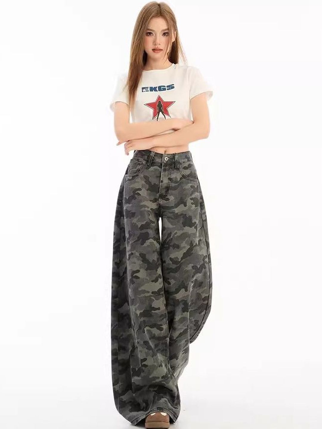 Women Wide Leg High-Rise Printed Jeans